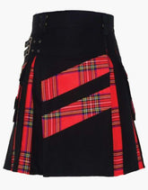 CROSS-STRIPS HYBRID TARTAN KILT IN BLACK AND ROYAL STEWART COLOR - scottish kilt jacket